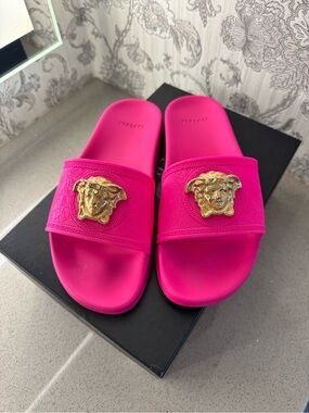 Versace Hot Pink Medusa Logo Slide Sandals - Size 38